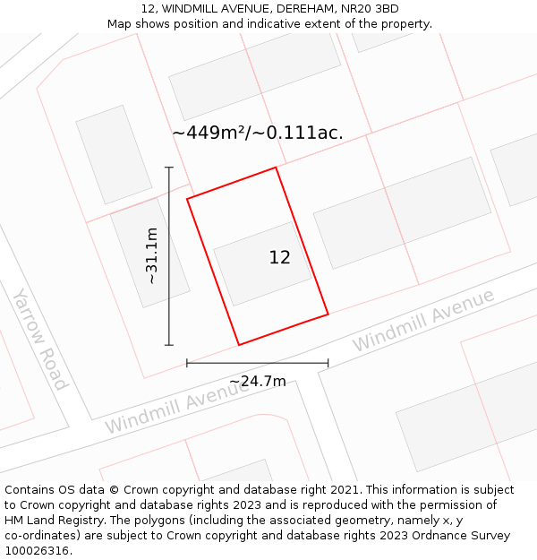 12, WINDMILL AVENUE, DEREHAM, NR20 3BD: Plot and title map