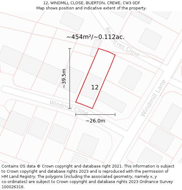 12, WINDMILL CLOSE, BUERTON, CREWE, CW3 0DF: Plot and title map