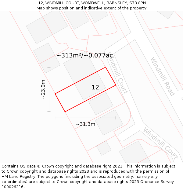 12, WINDMILL COURT, WOMBWELL, BARNSLEY, S73 8PN: Plot and title map