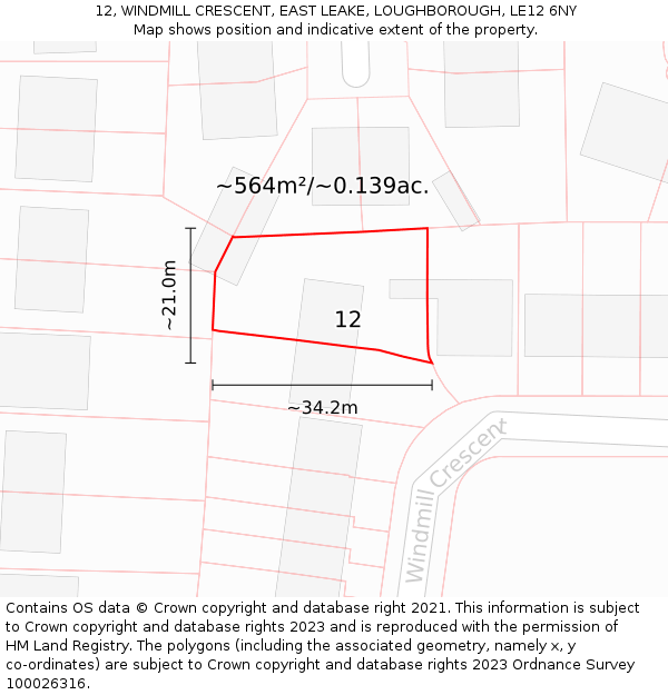 12, WINDMILL CRESCENT, EAST LEAKE, LOUGHBOROUGH, LE12 6NY: Plot and title map