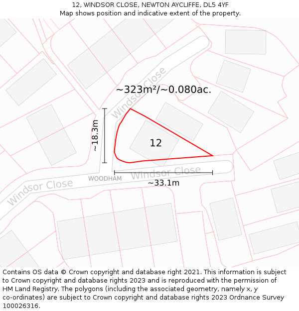12, WINDSOR CLOSE, NEWTON AYCLIFFE, DL5 4YF: Plot and title map
