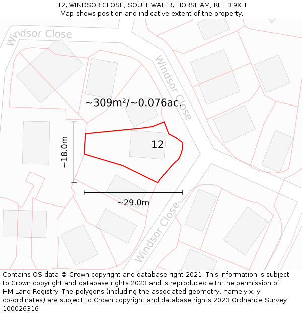 12, WINDSOR CLOSE, SOUTHWATER, HORSHAM, RH13 9XH: Plot and title map