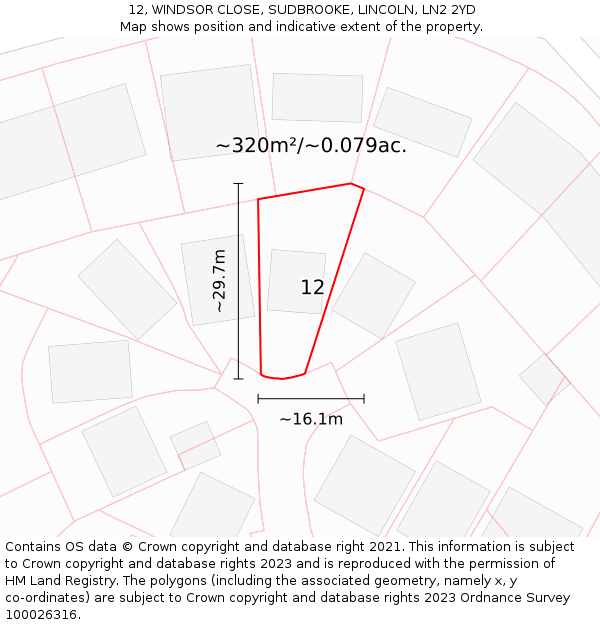 12, WINDSOR CLOSE, SUDBROOKE, LINCOLN, LN2 2YD: Plot and title map
