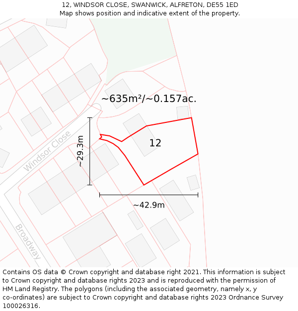 12, WINDSOR CLOSE, SWANWICK, ALFRETON, DE55 1ED: Plot and title map