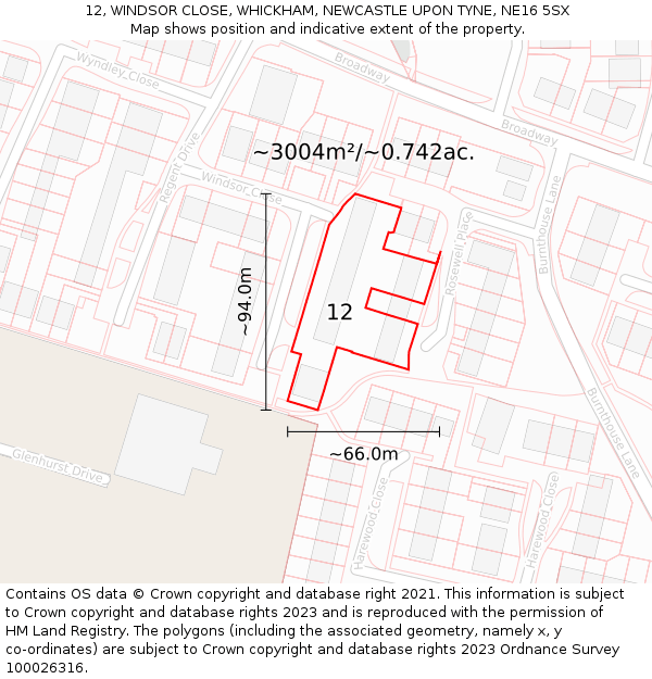 12, WINDSOR CLOSE, WHICKHAM, NEWCASTLE UPON TYNE, NE16 5SX: Plot and title map