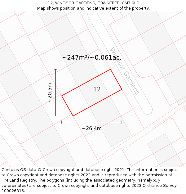 12, WINDSOR GARDENS, BRAINTREE, CM7 9LD: Plot and title map