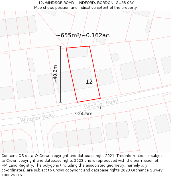 12, WINDSOR ROAD, LINDFORD, BORDON, GU35 0RY: Plot and title map