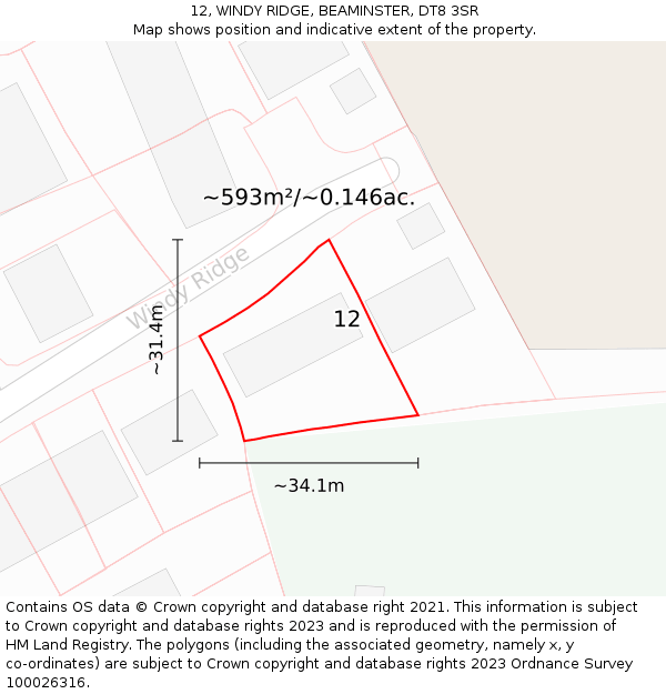 12, WINDY RIDGE, BEAMINSTER, DT8 3SR: Plot and title map
