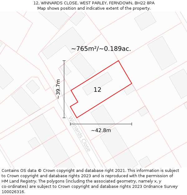 12, WINNARDS CLOSE, WEST PARLEY, FERNDOWN, BH22 8PA: Plot and title map