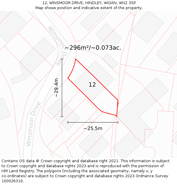 12, WINSMOOR DRIVE, HINDLEY, WIGAN, WN2 3SP: Plot and title map