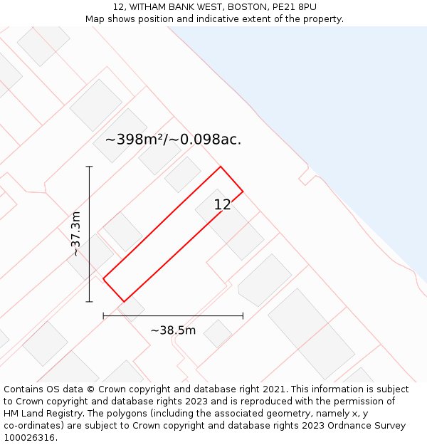 12, WITHAM BANK WEST, BOSTON, PE21 8PU: Plot and title map