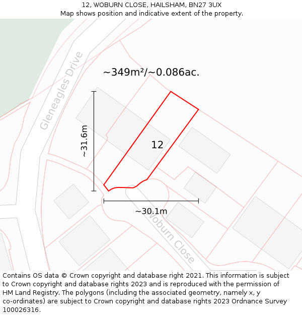 12, WOBURN CLOSE, HAILSHAM, BN27 3UX: Plot and title map