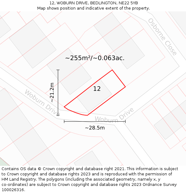 12, WOBURN DRIVE, BEDLINGTON, NE22 5YB: Plot and title map