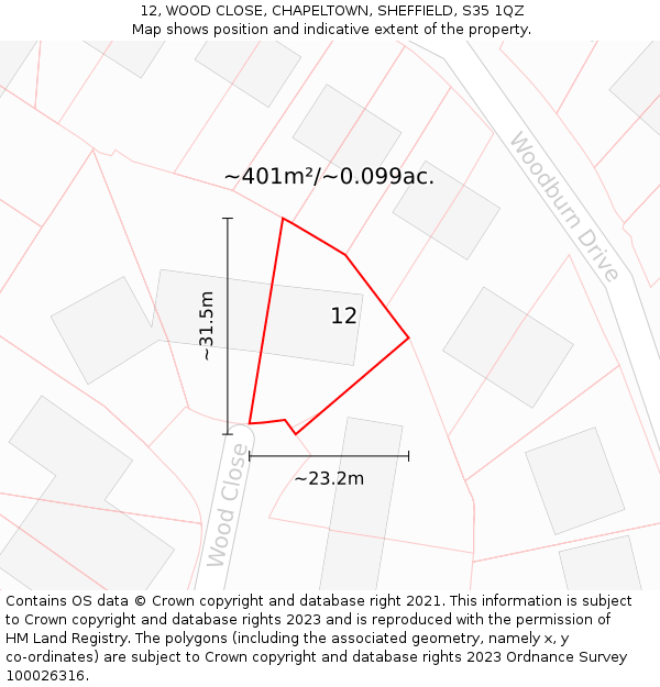 12, WOOD CLOSE, CHAPELTOWN, SHEFFIELD, S35 1QZ: Plot and title map
