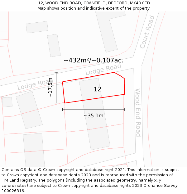 12, WOOD END ROAD, CRANFIELD, BEDFORD, MK43 0EB: Plot and title map