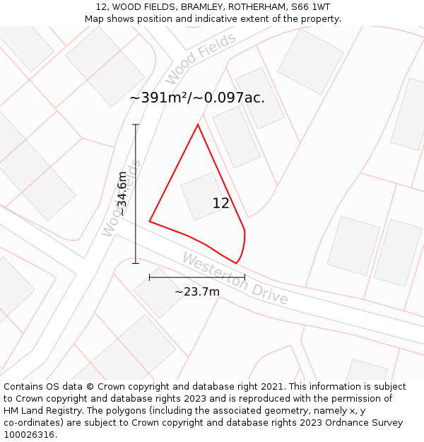 12, WOOD FIELDS, BRAMLEY, ROTHERHAM, S66 1WT: Plot and title map