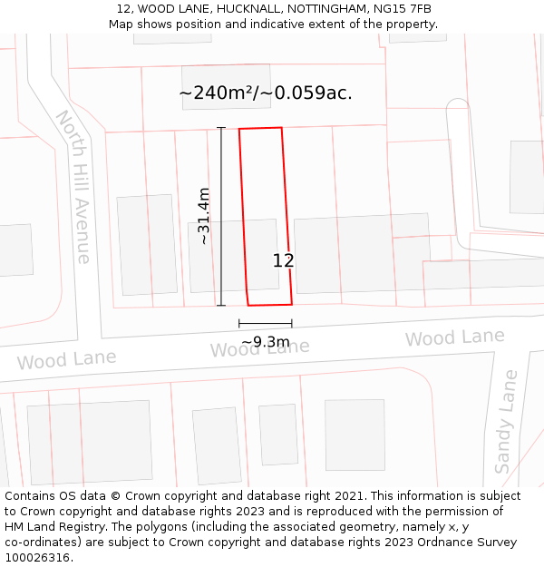 12, WOOD LANE, HUCKNALL, NOTTINGHAM, NG15 7FB: Plot and title map