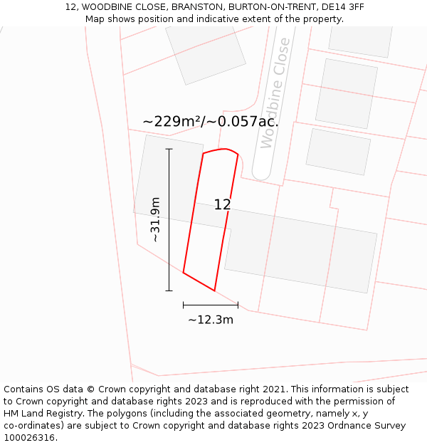 12, WOODBINE CLOSE, BRANSTON, BURTON-ON-TRENT, DE14 3FF: Plot and title map