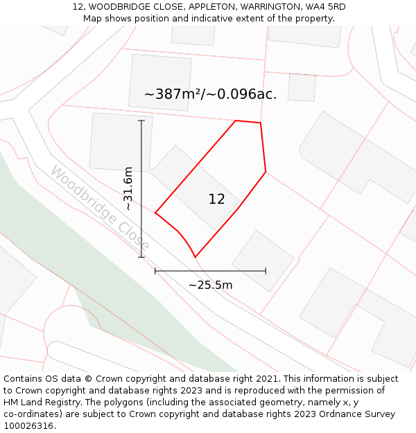 12, WOODBRIDGE CLOSE, APPLETON, WARRINGTON, WA4 5RD: Plot and title map