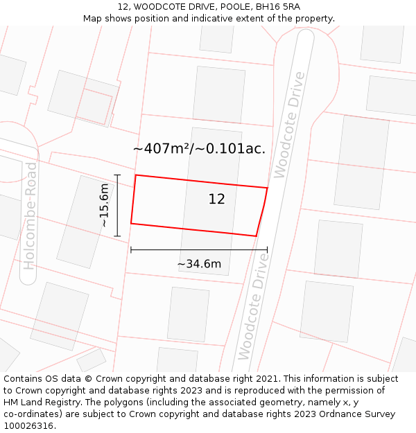 12, WOODCOTE DRIVE, POOLE, BH16 5RA: Plot and title map