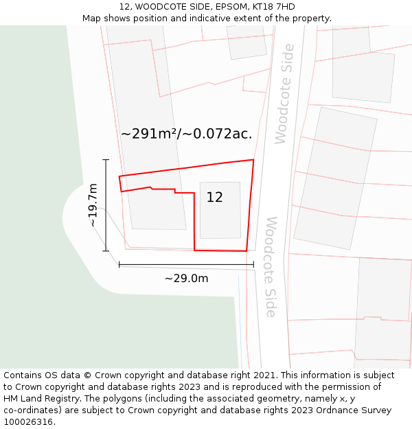 12, WOODCOTE SIDE, EPSOM, KT18 7HD: Plot and title map