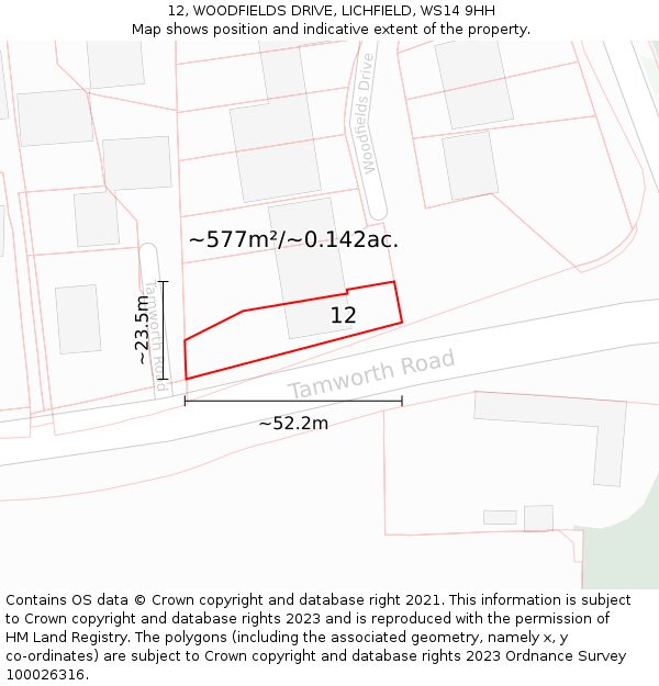 12, WOODFIELDS DRIVE, LICHFIELD, WS14 9HH: Plot and title map