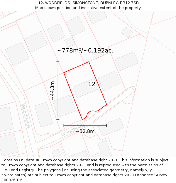 12, WOODFIELDS, SIMONSTONE, BURNLEY, BB12 7SB: Plot and title map