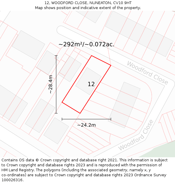 12, WOODFORD CLOSE, NUNEATON, CV10 9HT: Plot and title map