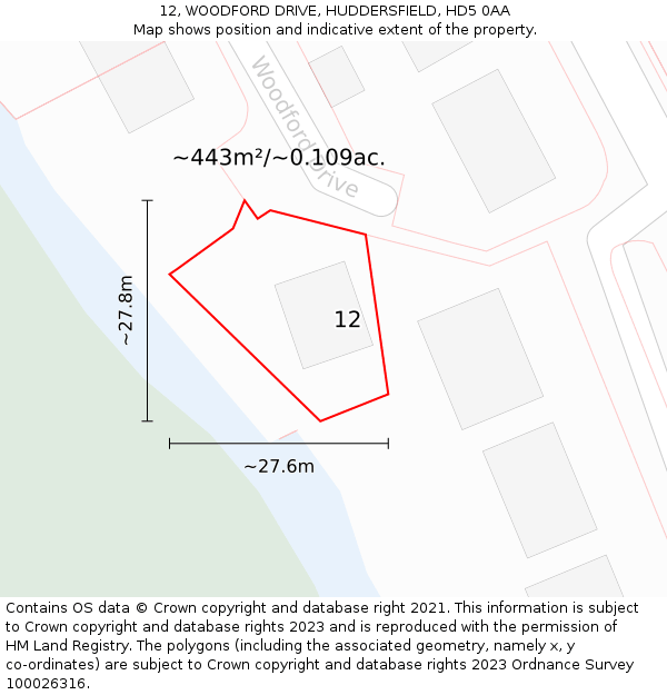 12, WOODFORD DRIVE, HUDDERSFIELD, HD5 0AA: Plot and title map