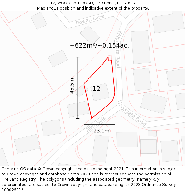 12, WOODGATE ROAD, LISKEARD, PL14 6DY: Plot and title map