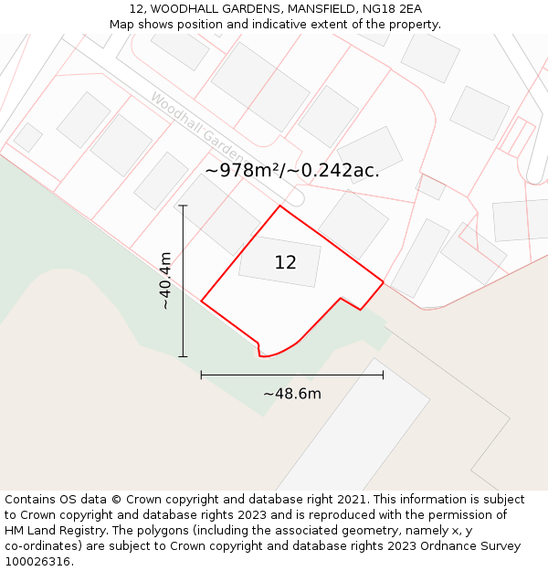 12, WOODHALL GARDENS, MANSFIELD, NG18 2EA: Plot and title map