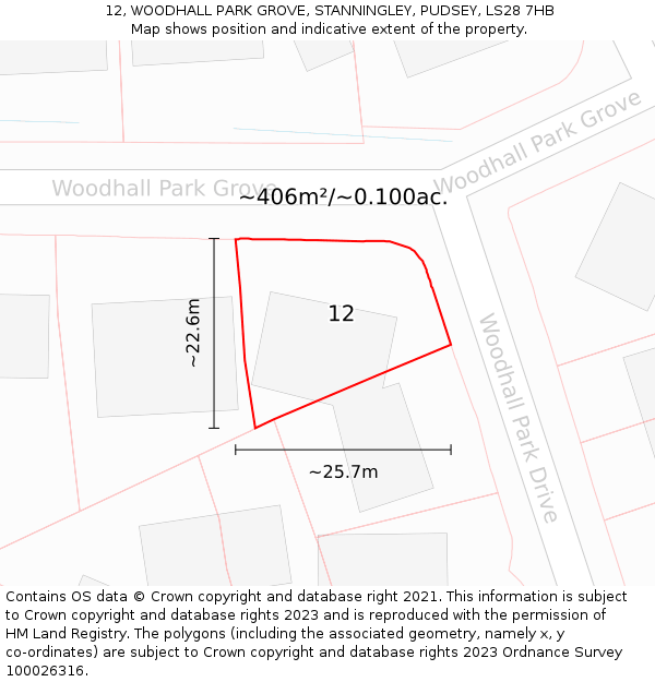 12, WOODHALL PARK GROVE, STANNINGLEY, PUDSEY, LS28 7HB: Plot and title map