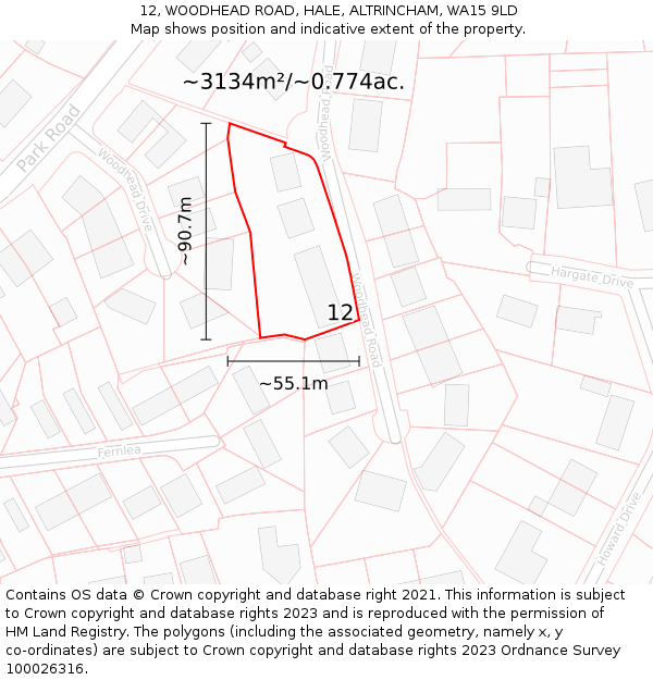 12, WOODHEAD ROAD, HALE, ALTRINCHAM, WA15 9LD: Plot and title map