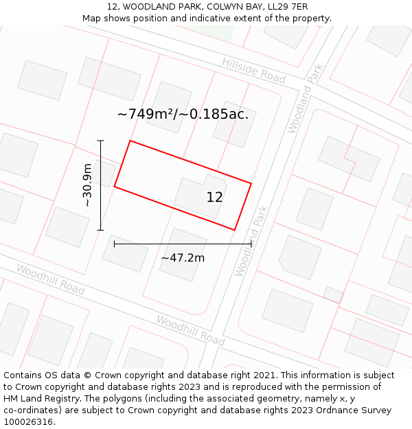 12, WOODLAND PARK, COLWYN BAY, LL29 7ER: Plot and title map