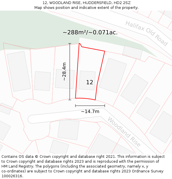 12, WOODLAND RISE, HUDDERSFIELD, HD2 2SZ: Plot and title map