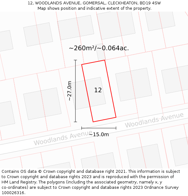 12, WOODLANDS AVENUE, GOMERSAL, CLECKHEATON, BD19 4SW: Plot and title map