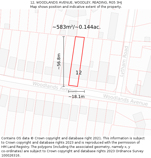 12, WOODLANDS AVENUE, WOODLEY, READING, RG5 3HJ: Plot and title map