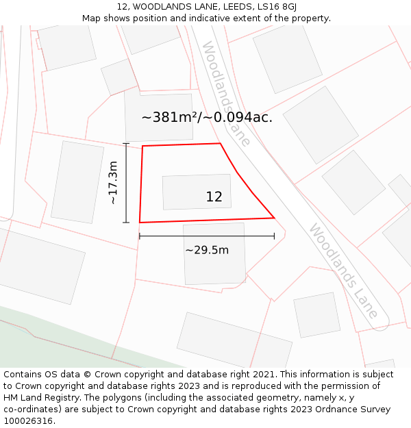 12, WOODLANDS LANE, LEEDS, LS16 8GJ: Plot and title map