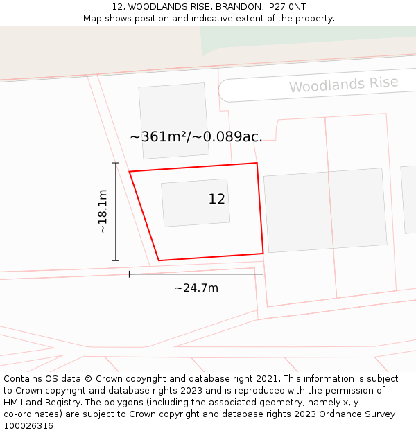 12, WOODLANDS RISE, BRANDON, IP27 0NT: Plot and title map