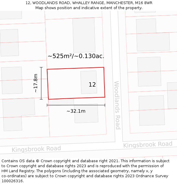 12, WOODLANDS ROAD, WHALLEY RANGE, MANCHESTER, M16 8WR: Plot and title map