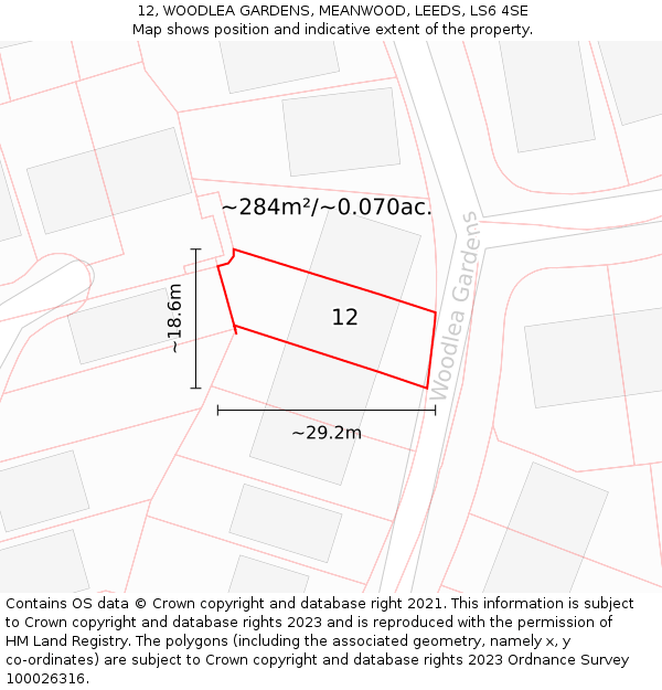 12, WOODLEA GARDENS, MEANWOOD, LEEDS, LS6 4SE: Plot and title map