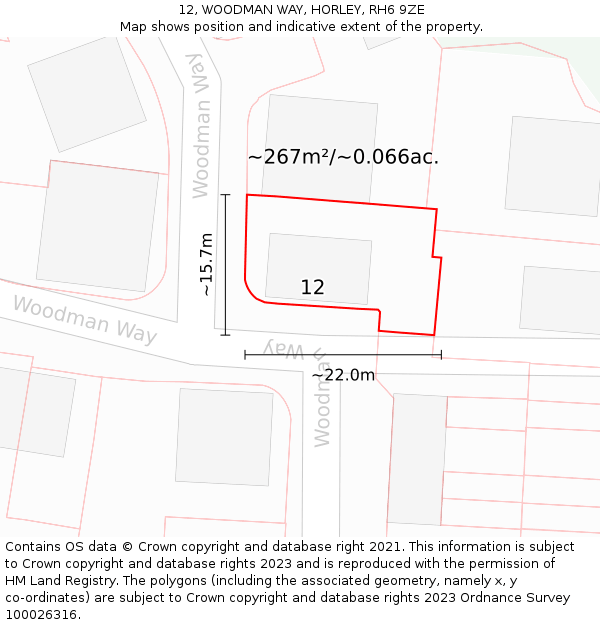 12, WOODMAN WAY, HORLEY, RH6 9ZE: Plot and title map