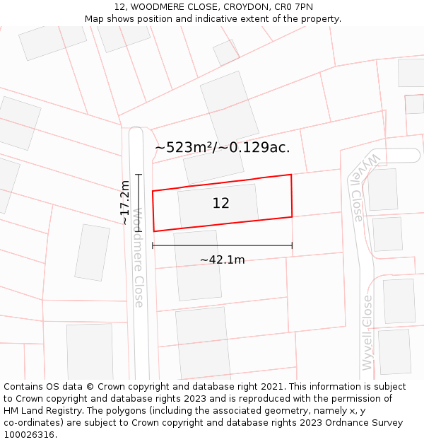 12, WOODMERE CLOSE, CROYDON, CR0 7PN: Plot and title map