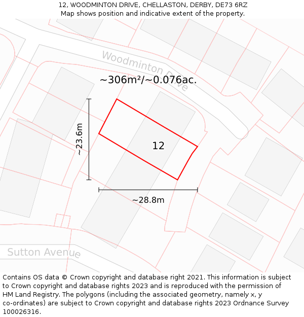 12, WOODMINTON DRIVE, CHELLASTON, DERBY, DE73 6RZ: Plot and title map
