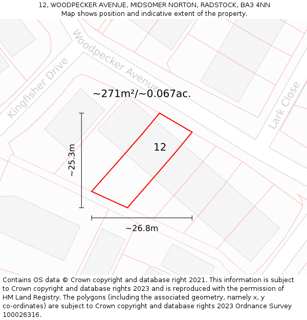 12, WOODPECKER AVENUE, MIDSOMER NORTON, RADSTOCK, BA3 4NN: Plot and title map
