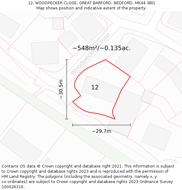 12, WOODPECKER CLOSE, GREAT BARFORD, BEDFORD, MK44 3BG: Plot and title map
