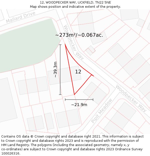 12, WOODPECKER WAY, UCKFIELD, TN22 5NE: Plot and title map