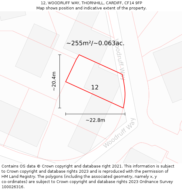 12, WOODRUFF WAY, THORNHILL, CARDIFF, CF14 9FP: Plot and title map