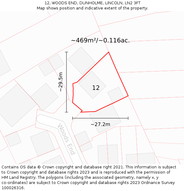 12, WOODS END, DUNHOLME, LINCOLN, LN2 3FT: Plot and title map