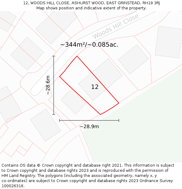 12, WOODS HILL CLOSE, ASHURST WOOD, EAST GRINSTEAD, RH19 3RJ: Plot and title map